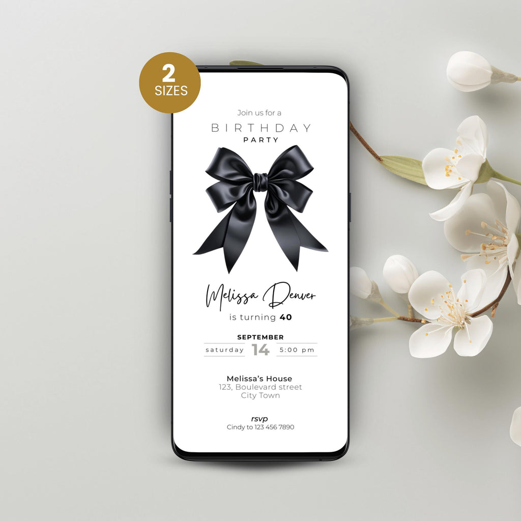 Phone displaying a black bow 40th birthday party invitation with a black bow on a light gray background with flowers.