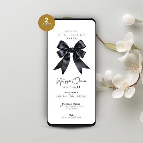Phone displaying a black bow 40th birthday party invitation with a black bow on a light gray background with flowers.