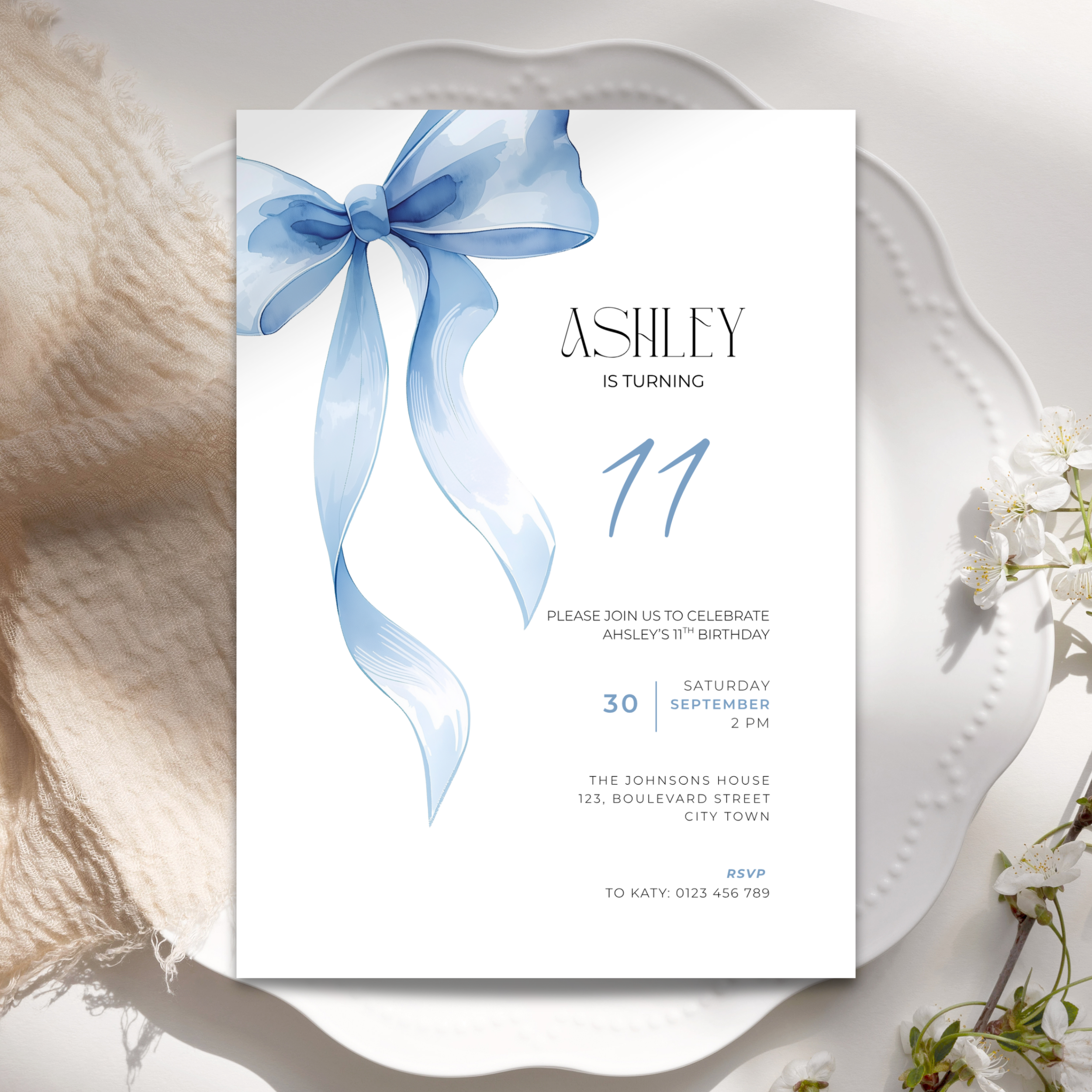 11th Birthday Invitation Blue Bow Coquette for Girls