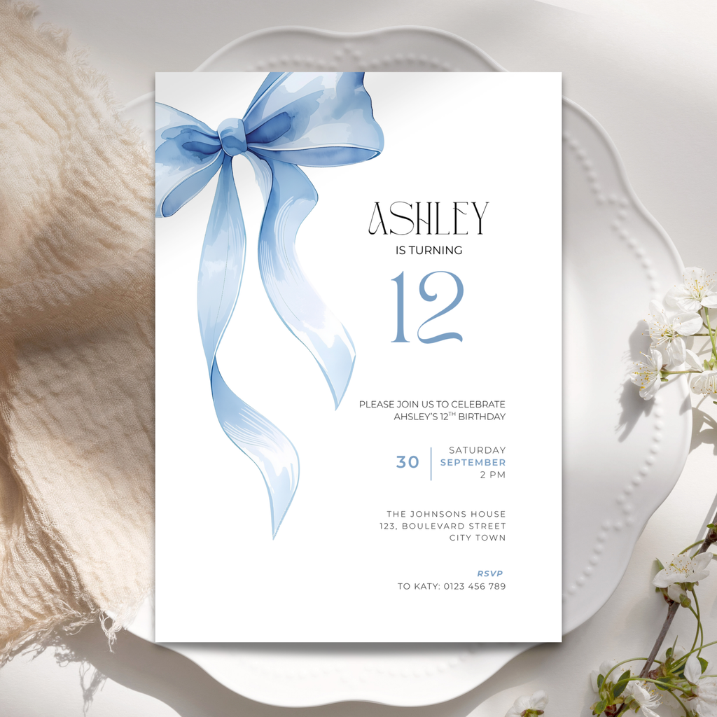 Blue Bow Watercolor 12th Birthday Invitation