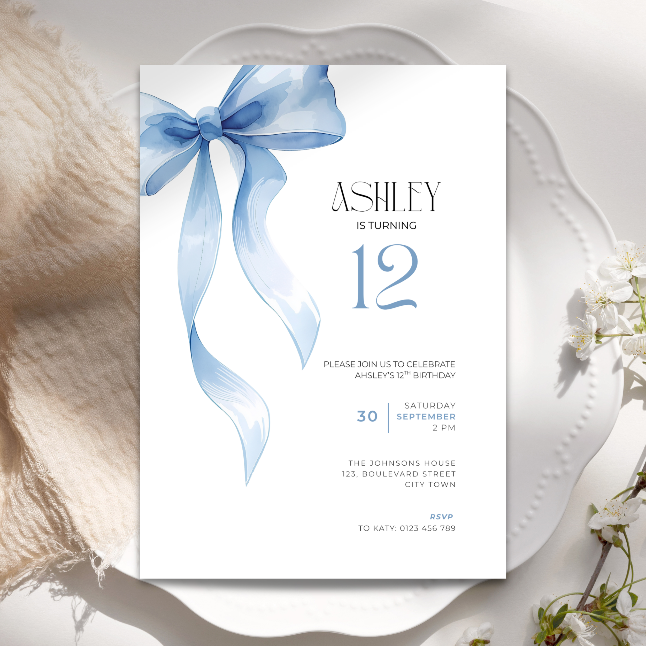 Blue Bow Watercolor 12th Birthday Invitation
