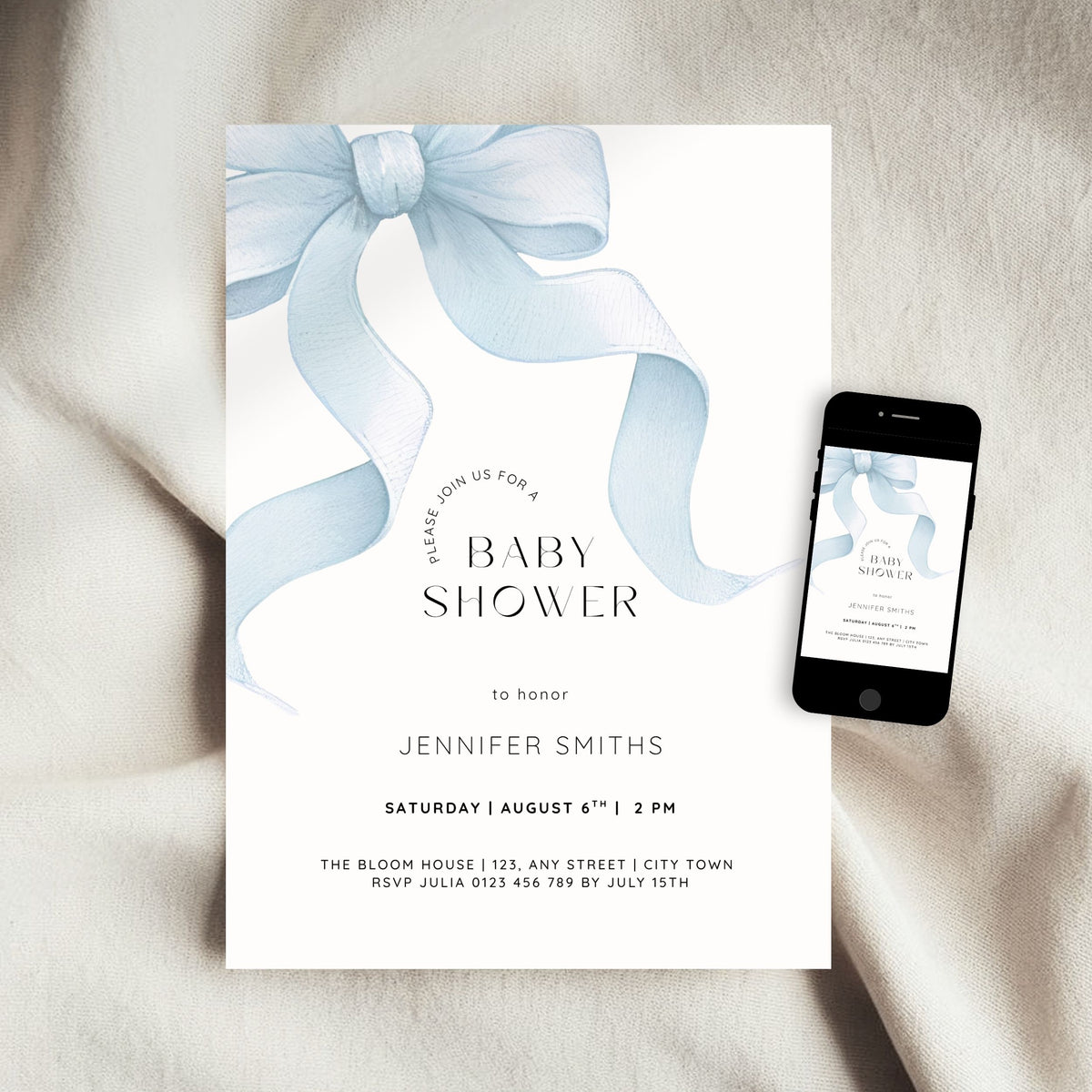 Blue Bow Coquette Baby Shower Invitation Template – image 3