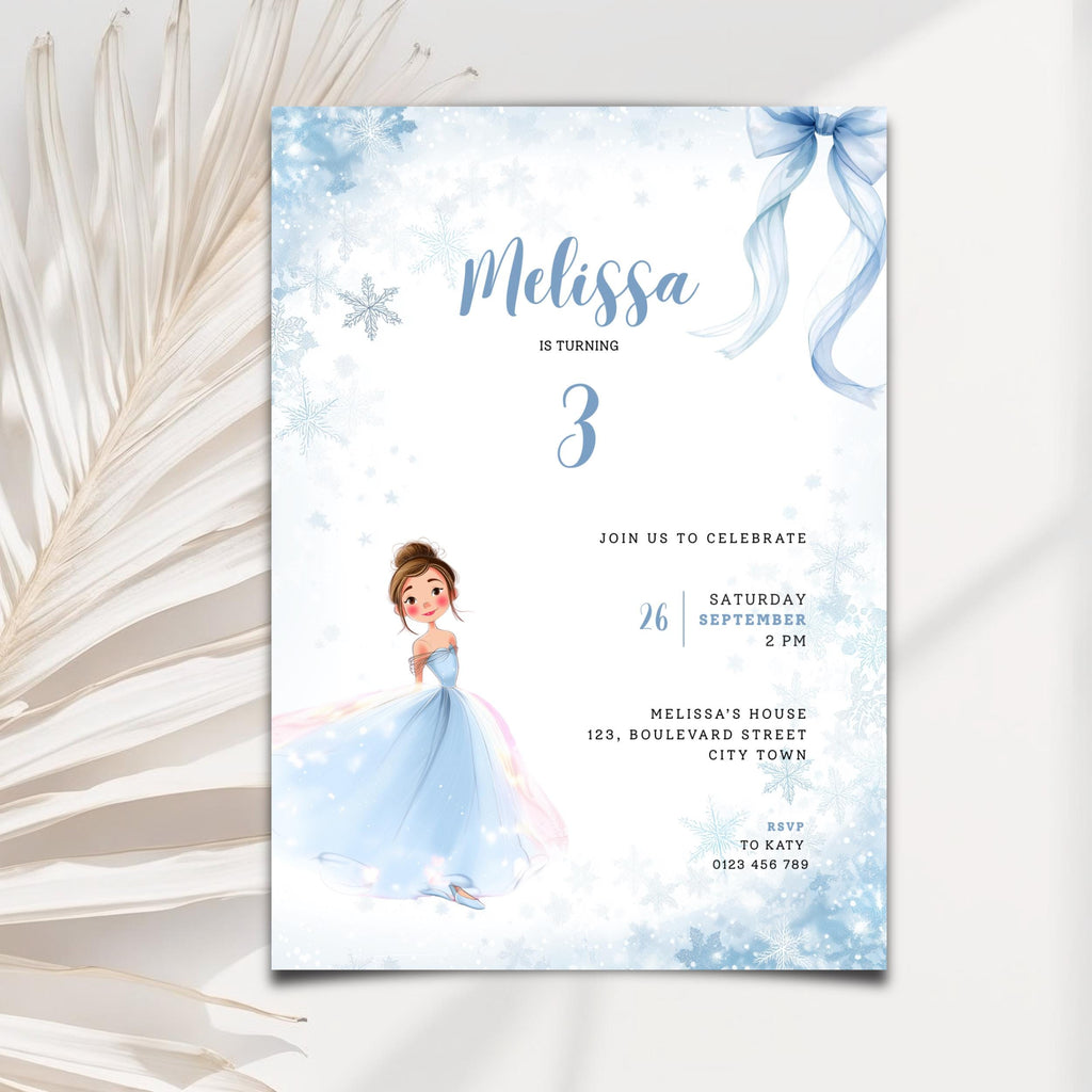 Invitation card with a fairy in a blue dress on a light blue background with snowflakes and ribbons.