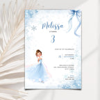 Invitation card with a fairy in a blue dress on a light blue background with snowflakes and ribbons.