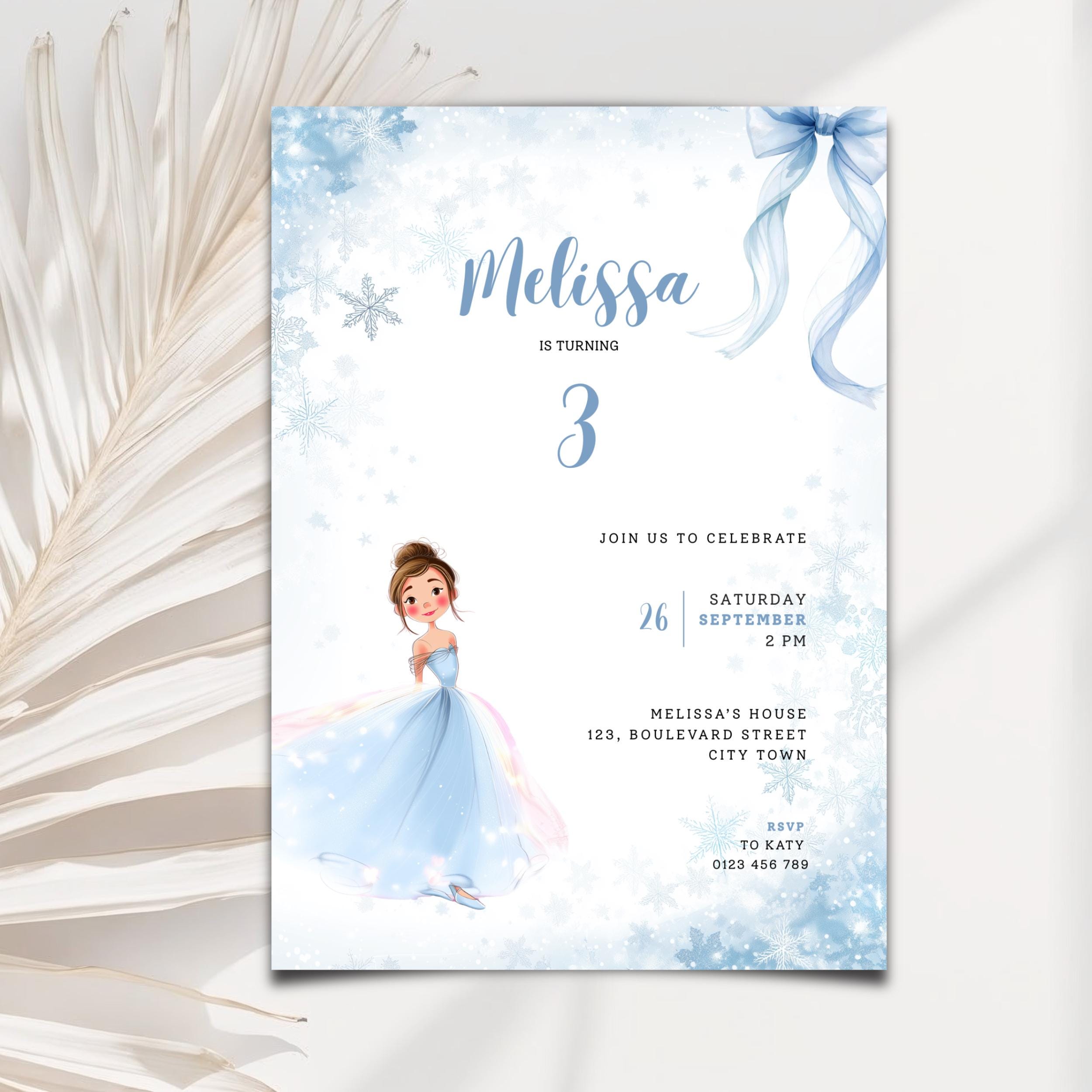 Invitation card with a fairy in a blue dress on a light blue background with snowflakes and ribbons.