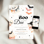 A Halloween little boo baby shower invitation card with cute ghost, bat, and pumpkin illustrations, shown on a light fabric background next to a smartphone displaying the matching digital invitation.