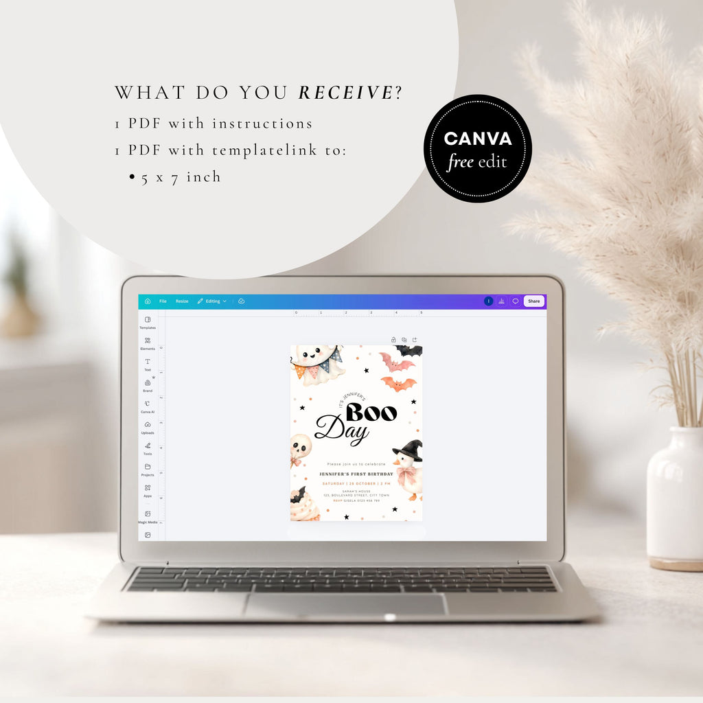 A laptop on a light surface displaying a digital invitation template with the word 'SPOOKY' and decorative illustrations. Text at the top reads 'WHAT DO YOU RECEIVE?' and a black badge says 'CANVA free edit.