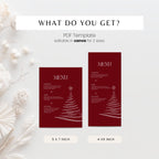 A promotional graphic for a PDF menu template, showing two red vertical menu layouts with a white Christmas tree illustration. Text at the top reads 'WHAT DO YOU GET?' and 'PDF Template editable in canva for 2 sizes:', with size labels '5 x 7 inch' and '4 x 9 inch' below the templates.