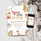 A festive Christmas-themed birthday invitation card is shown next to a smartphone displaying the same design, styled on a light neutral surface with a knitted cream scarf and holiday greenery.