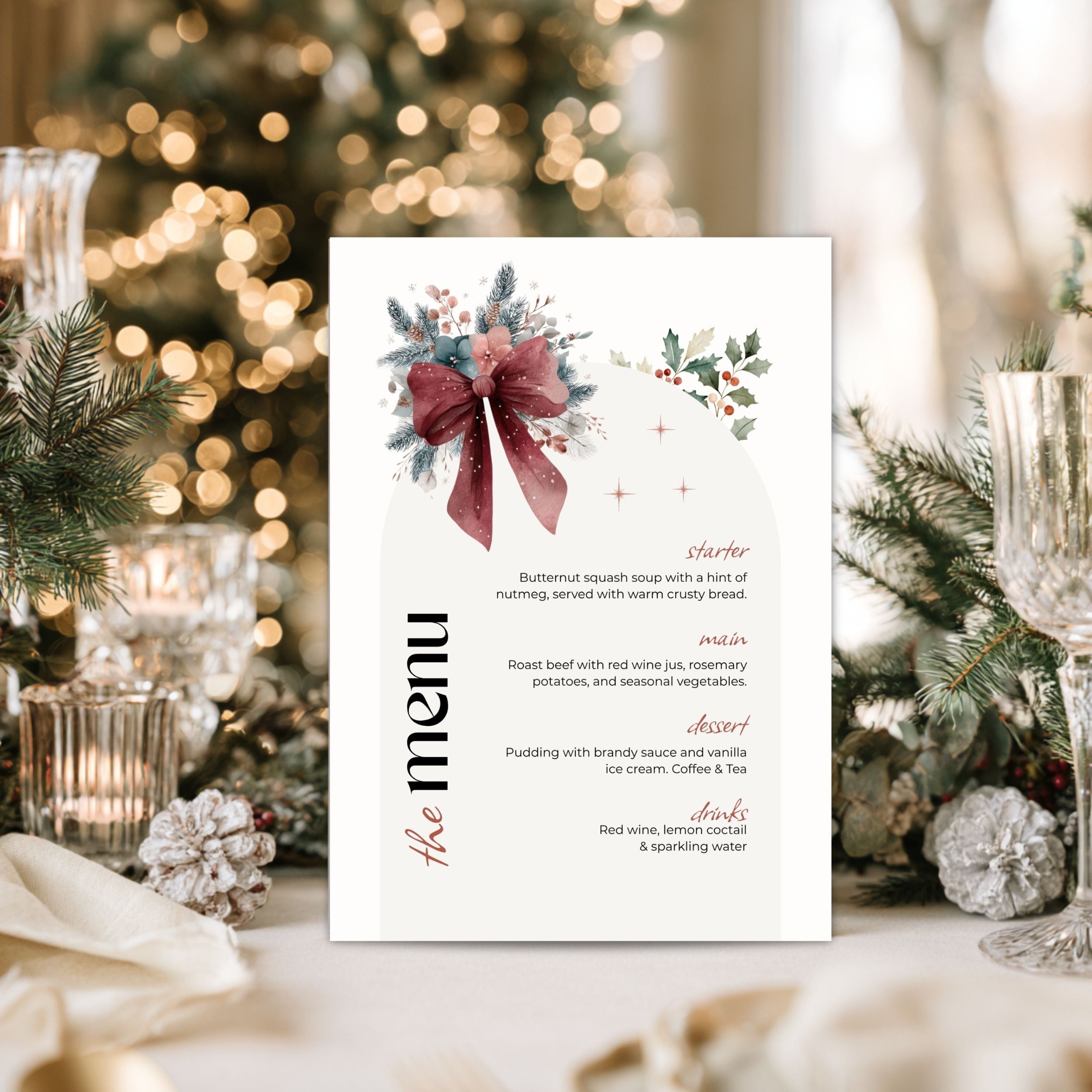 A vertical christmas dinner menu card with a white background, featuring a watercolor winter holiday design with a burgundy bow, green holly leaves, and gold star accents. The menu lists courses and items like butternut squash soup and roast beef.
