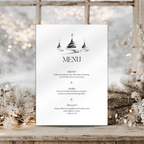 Black and white Christmas trees menu card template with a black tree illustration, styled with dried botanicals.