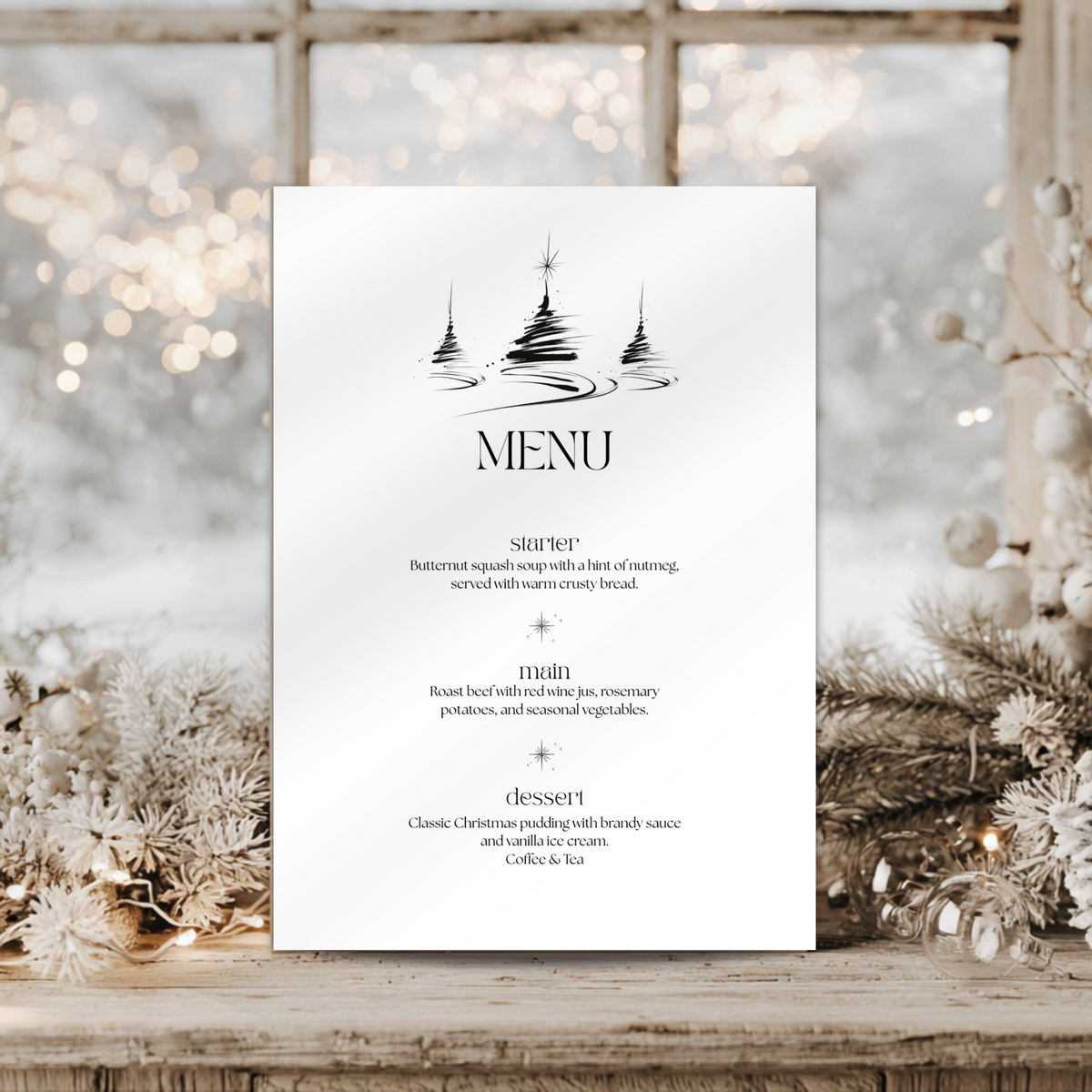 Black and white Christmas trees menu card template with a black tree illustration, styled with dried botanicals.