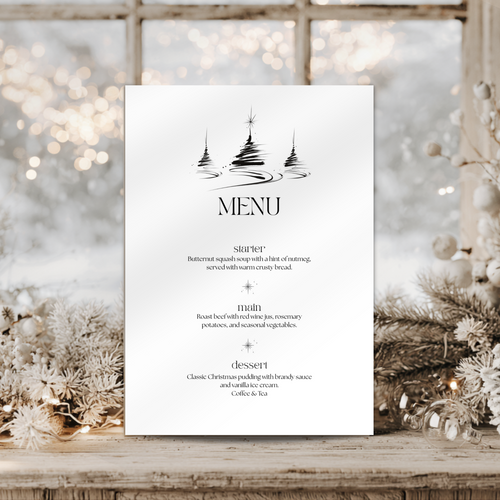 Black and white Christmas trees menu card template with a black tree illustration, styled with dried botanicals.