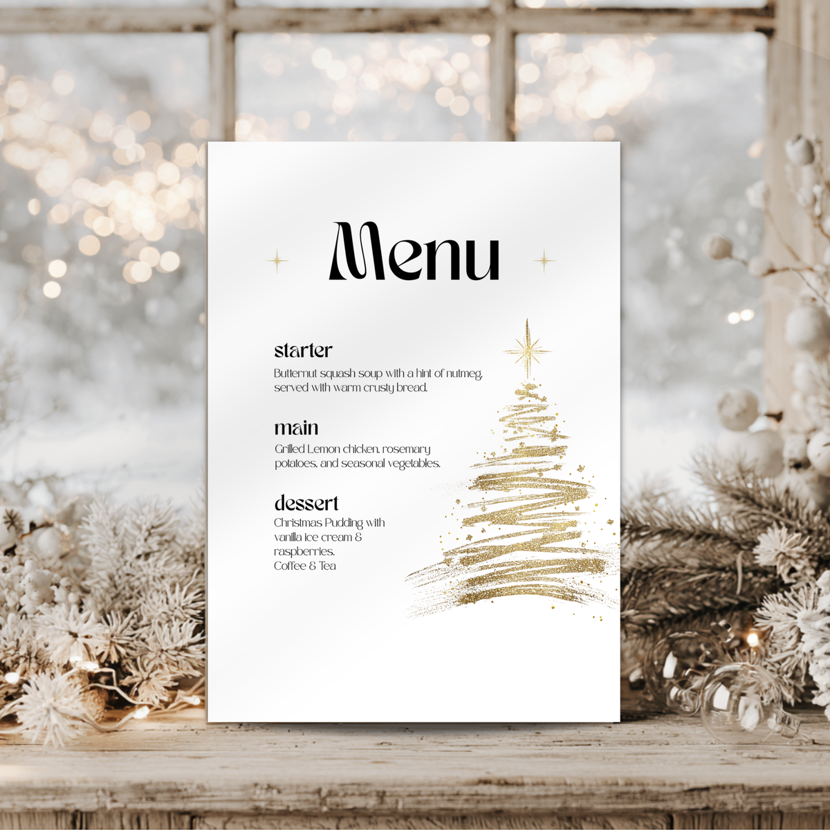 Golden Christmas tree menu card template with a glittery gold tree and black text, styled with pine tree and window at the back.