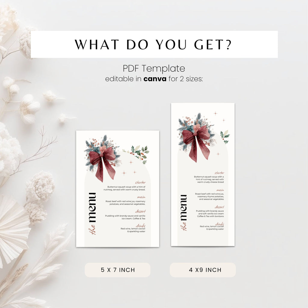 A promotional graphic for a PDF menu template showing two vertical menu card designs with watercolor floral and bow illustrations. Text at the top reads 'WHAT DO YOU GET?' and 'PDF Template editable in canva for 2 sizes:', with size labels '5 x 7 inch' and '4 x 9 inch' below the cards.