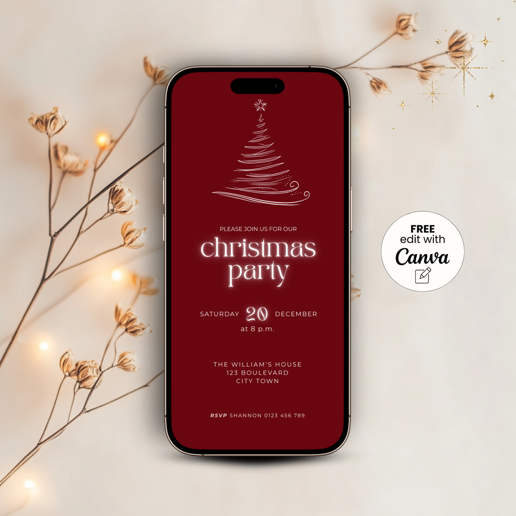 Burgundy Christmas party invitation template with hand-drawn design, editable in Canva