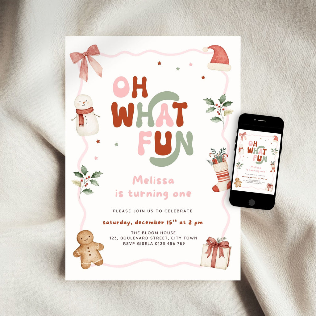 Christmas first birthday invitation for a girl featuring Oh What Fun lettering, watercolor snowman, gingerbread cookie, Santa hat, holly leaves, Christmas stocking, presents, pink bow, and festive holiday details. Digital download.