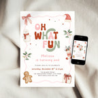 Christmas first birthday invitation for a girl featuring Oh What Fun lettering, watercolor snowman, gingerbread cookie, Santa hat, holly leaves, Christmas stocking, presents, pink bow, and festive holiday details. Digital download.