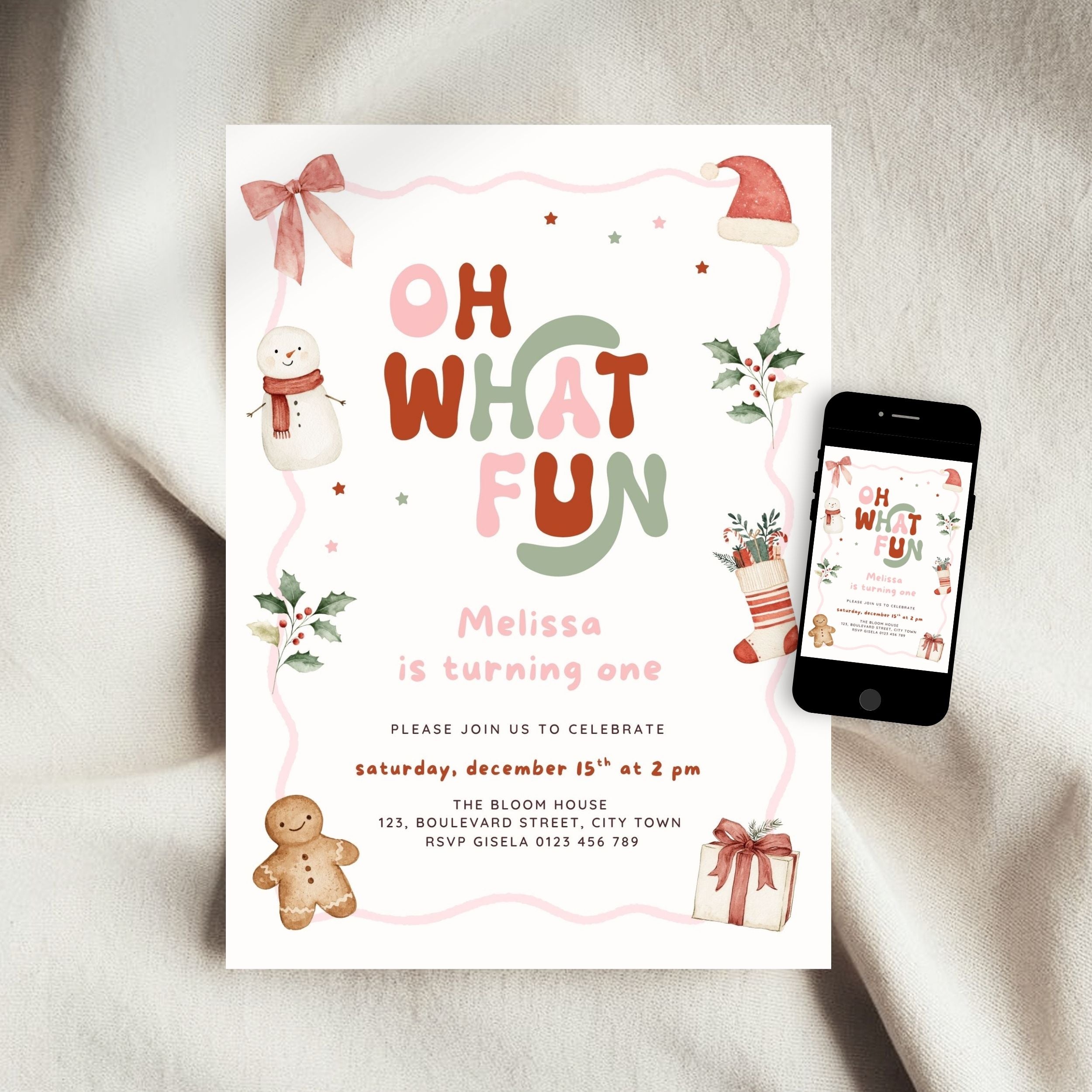 Christmas first birthday invitation for a girl featuring Oh What Fun lettering, watercolor snowman, gingerbread cookie, Santa hat, holly leaves, Christmas stocking, presents, pink bow, and festive holiday details. Digital download.