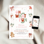 Close-up of the snowman and gingerbread design on the pink Christmas 1st birthday invitation template