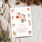 Christmas first birthday invitation for a girl featuring Oh What Fun lettering, watercolor snowman, gingerbread cookie, Santa hat, holly leaves, Christmas stocking, presents, pink bow, and festive holiday details. Digital download.