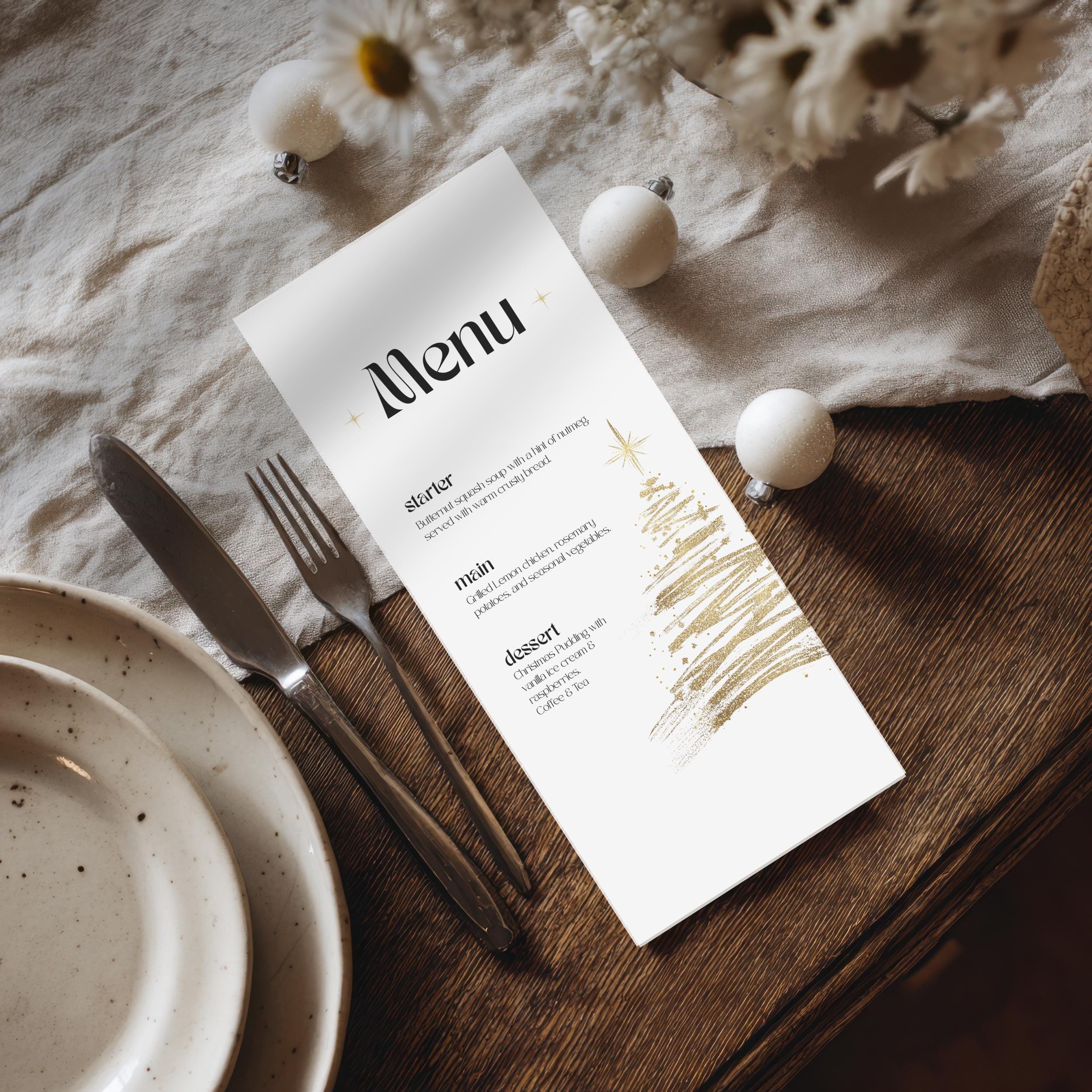 Menu card on a wooden table with cutlery and decorative elements