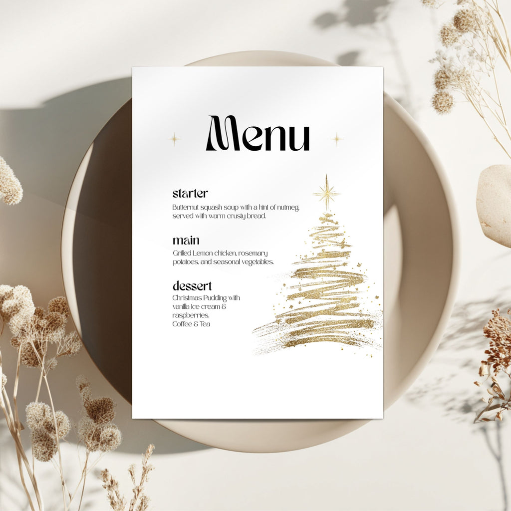 Golden tree christmas menu on a plate.