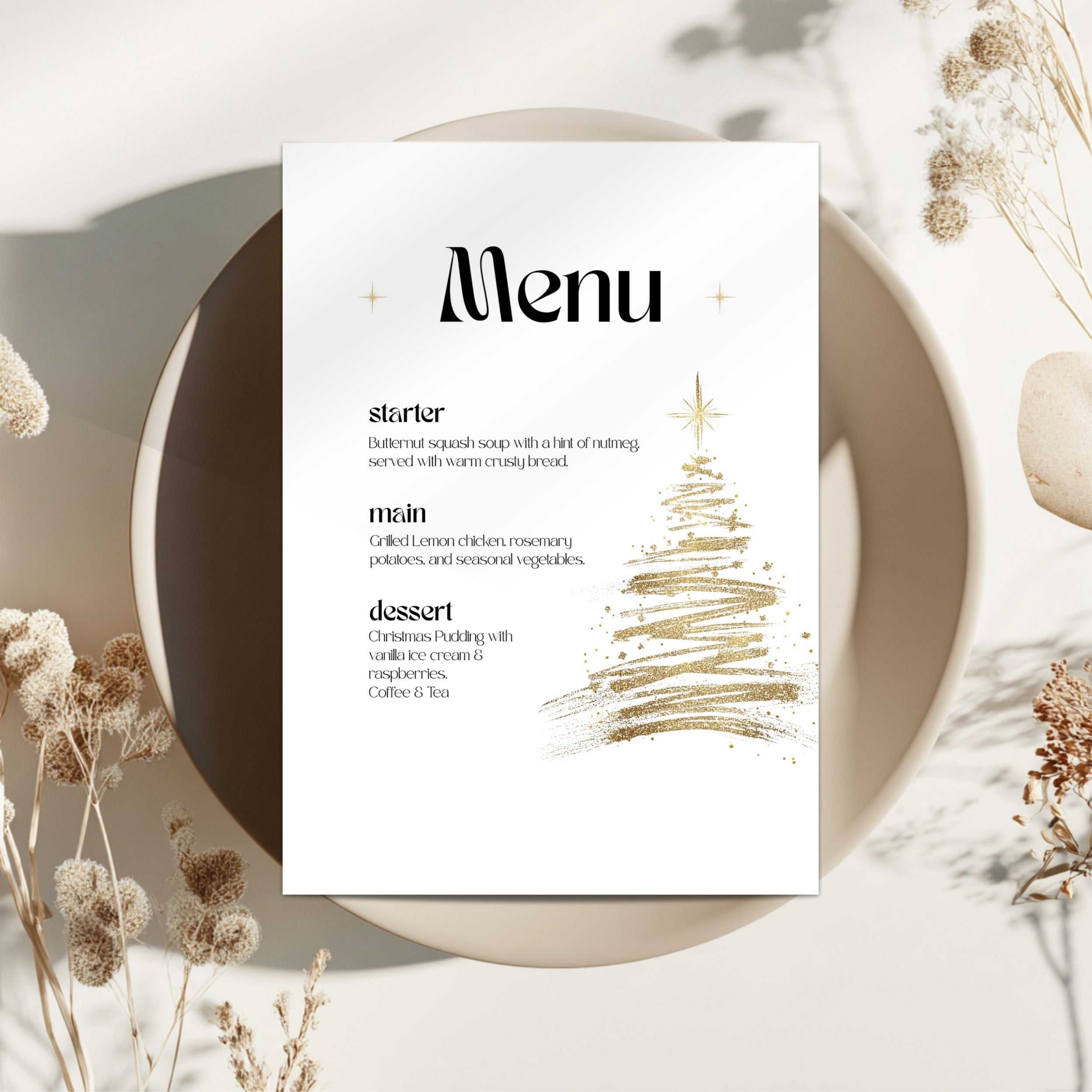 Golden tree christmas menu on a plate.