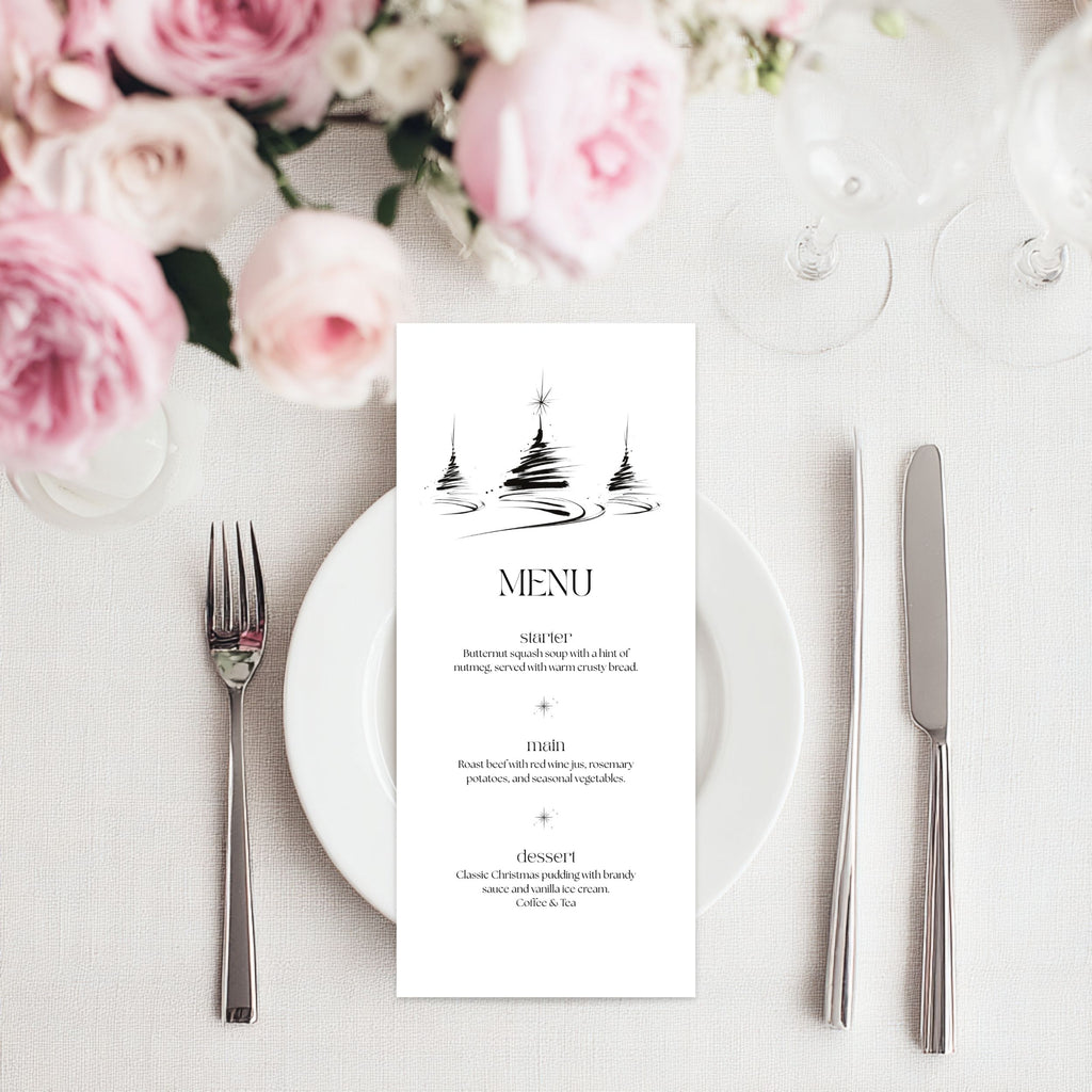 A vertical wedding menu card with elegant black typography and a minimalist tree illustration, styled on a white plate with silver cutlery and pink roses in the background.