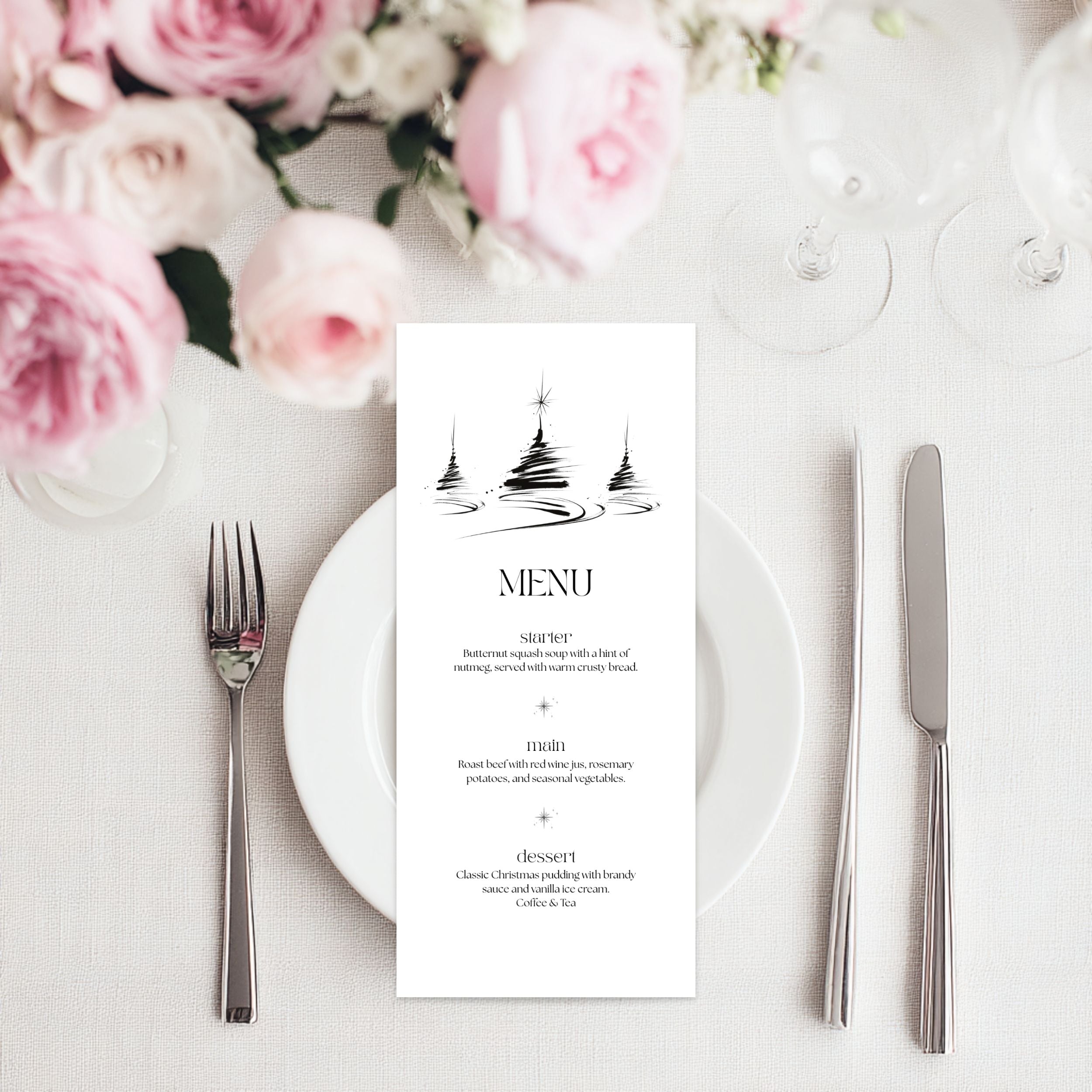 A vertical wedding menu card with elegant black typography and a minimalist tree illustration, styled on a white plate with silver cutlery and pink roses in the background.