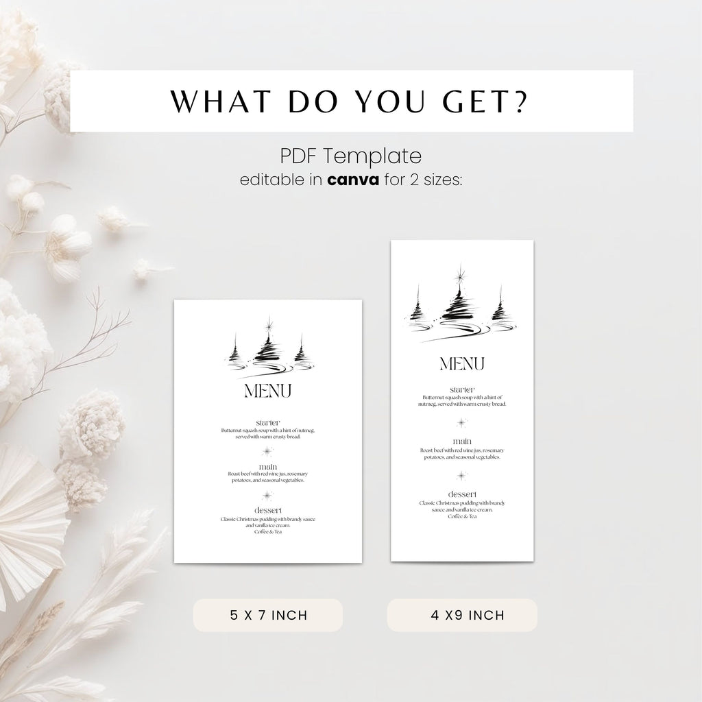 A digital template preview for a PDF menu card design, showing two white rectangular menu layouts with black illustrated temple graphics and placeholder text. The image includes the headline 'WHAT DO YOU GET?' and notes that the template is editable in Canva for 2 sizes: 5 x 7 inch and 4 x 9 inch.