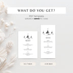 A digital template preview for a PDF menu card design, showing two white rectangular menu layouts with black illustrated temple graphics and placeholder text. The image includes the headline 'WHAT DO YOU GET?' and notes that the template is editable in Canva for 2 sizes: 5 x 7 inch and 4 x 9 inch.