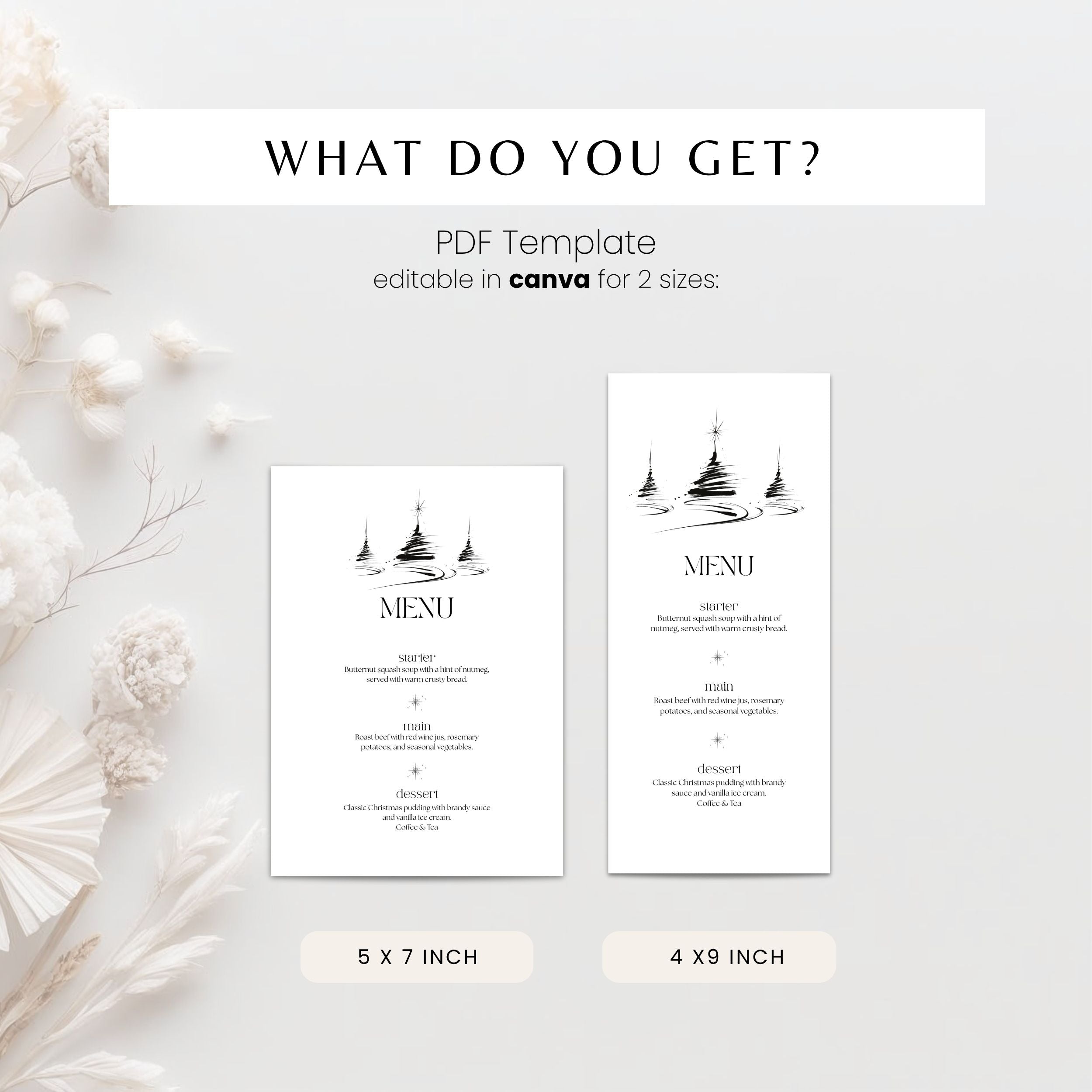 A digital template preview for a PDF menu card design, showing two white rectangular menu layouts with black illustrated temple graphics and placeholder text. The image includes the headline 'WHAT DO YOU GET?' and notes that the template is editable in Canva for 2 sizes: 5 x 7 inch and 4 x 9 inch.