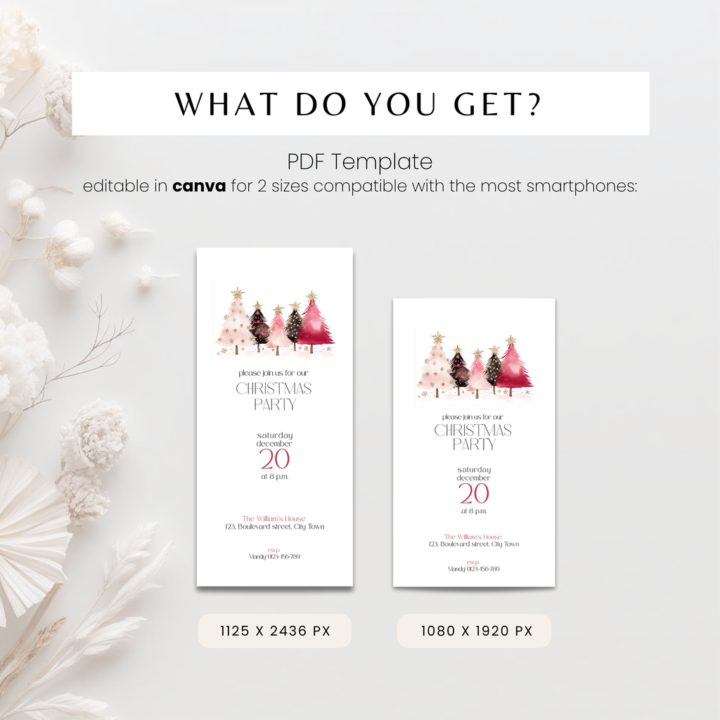 What you get: pink gold Christmas invitation PDF template, editable in Canva, 2 sizes