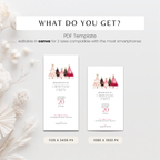 What you get: pink gold Christmas invitation PDF template, editable in Canva, 2 sizes