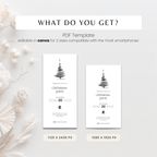 What you get: black tree Christmas invitation PDF template, editable in Canva, 2 phone sizes