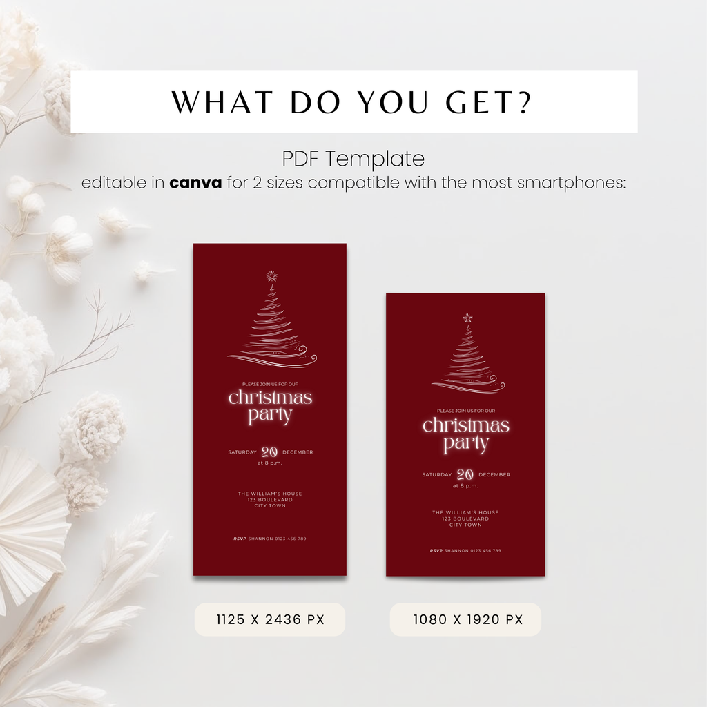 Burgundy Christmas party invitation template preview, editable in Canva