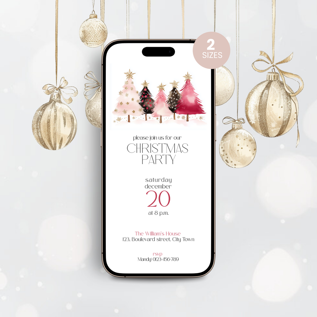 Pink gold Christmas invitation template with watercolor trees and gold ornaments, 2 sizes badge