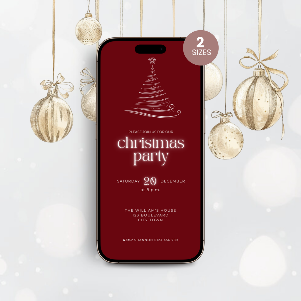 Burgundy Christmas party invitation template shown on a smartphone screen