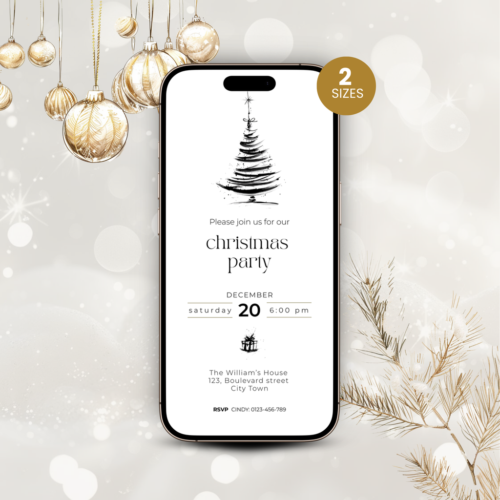 Black tree Christmas invitation template on a smartphone with gold ornaments and a 2 sizes badge