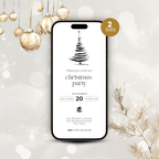 Black tree Christmas invitation template on a smartphone with gold ornaments and a 2 sizes badge