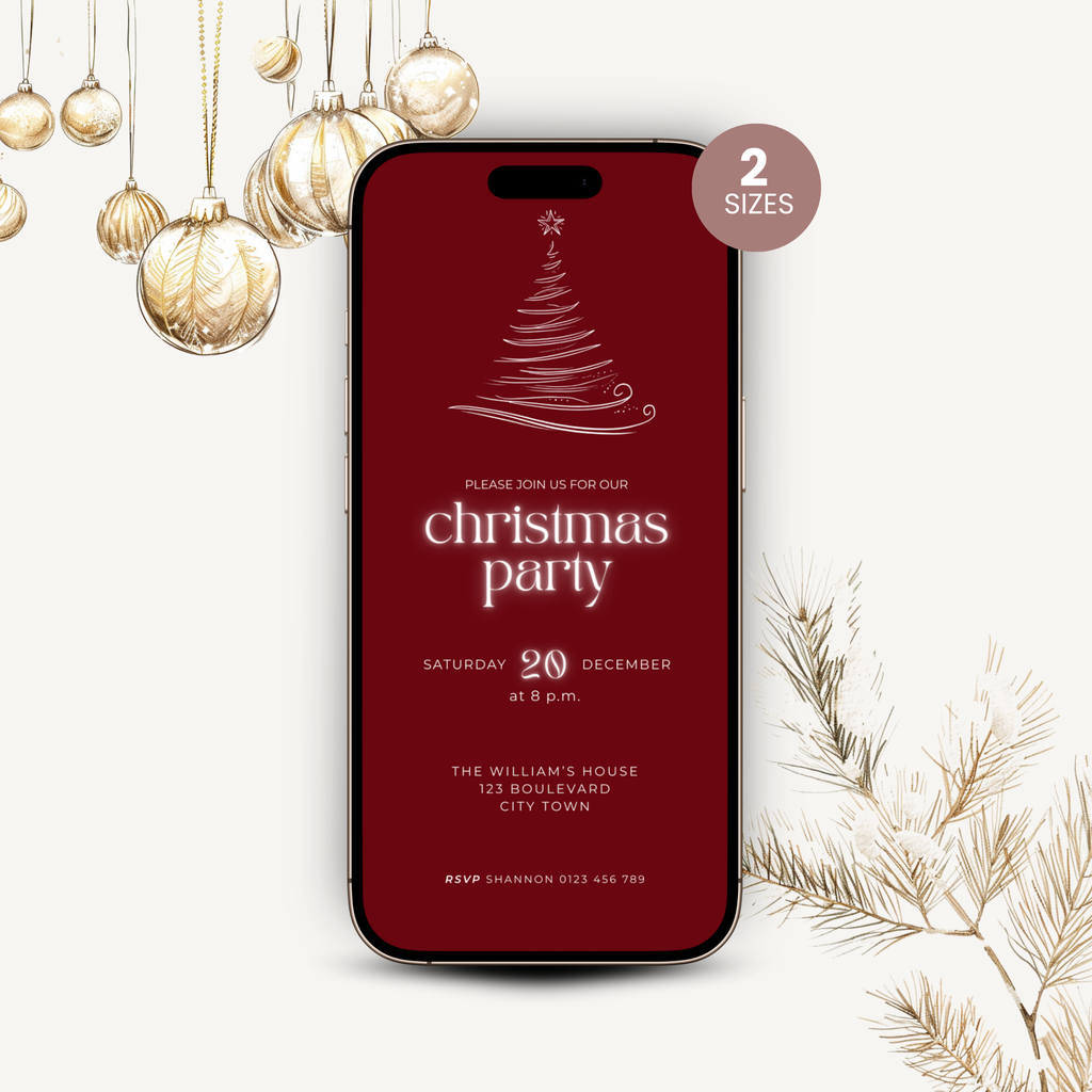 Close-up of the hand-drawn design on the burgundy Christmas party invitation template