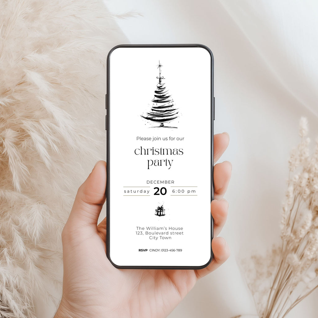 Black tree Christmas invitation template shown on a smartphone screen