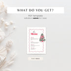 A promotional graphic for a PDF menu template, showing a small printed menu card with a pink border, red script text, and a Christmas tree illustration. Text above reads 'WHAT DO YOU GET?' and 'PDF Template editable in canva for 2 sizes,' with '5 X 7 INCH' below the card.