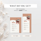 A digital template preview for a PDF menu design, showing two vertical menu layouts with orange-and-white striped borders, a red bow illustration, and placeholder text. The image includes the heading 'WHAT DO YOU GET?' and notes that the template is editable in Canva for 2 sizes: 5 x 7 inch and 4 x 9 inch.