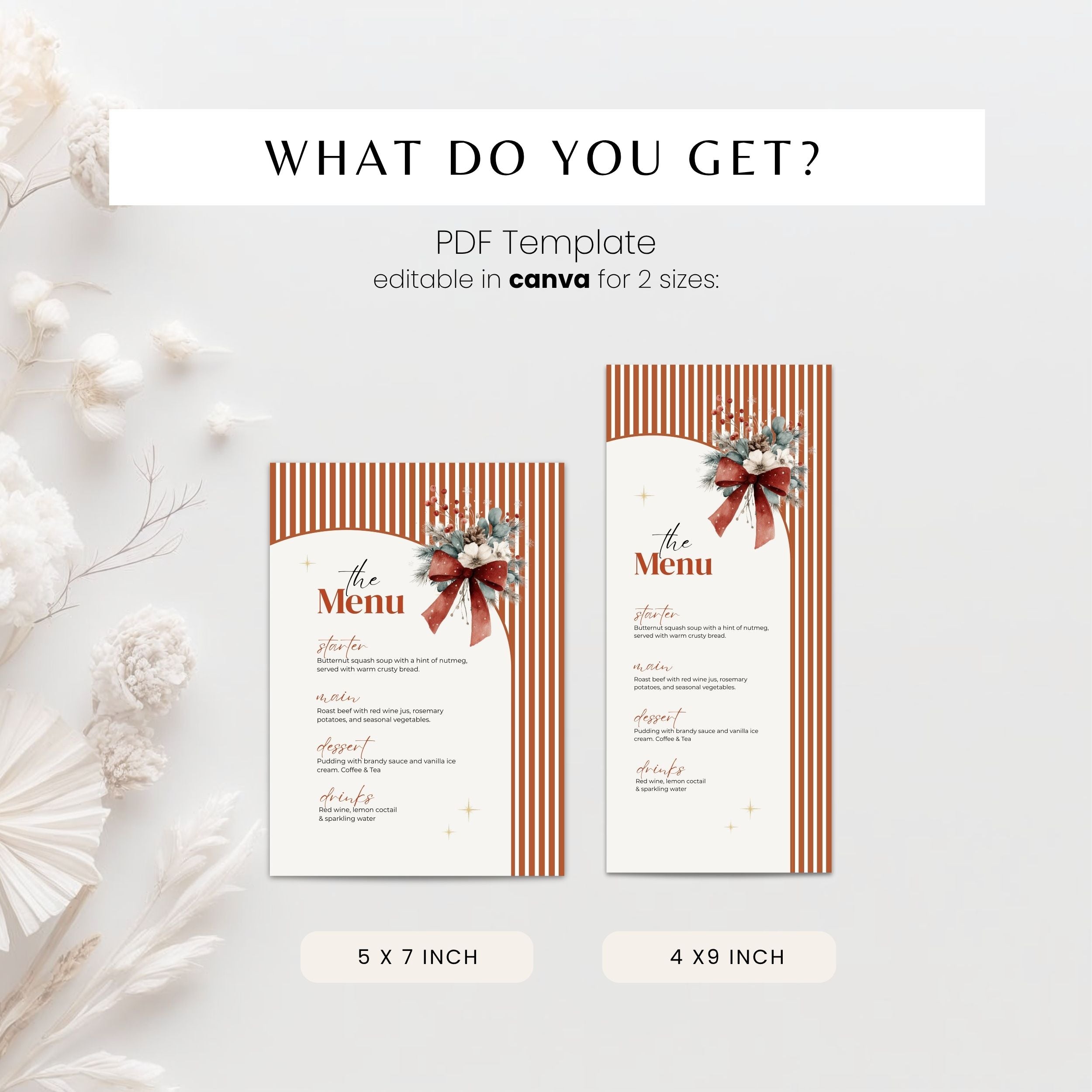 A digital template preview for a PDF menu design, showing two vertical menu layouts with orange-and-white striped borders, a red bow illustration, and placeholder text. The image includes the heading 'WHAT DO YOU GET?' and notes that the template is editable in Canva for 2 sizes: 5 x 7 inch and 4 x 9 inch.