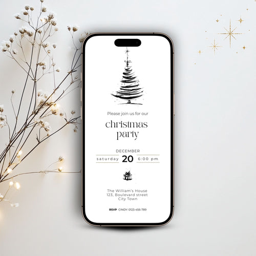 Minimalist black tree Christmas invitation template on a smartphone with warm string lights