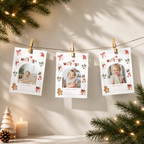 Christmas monthly photo banner featuring a baby photo in an arched frame, with a watercolor snowman, gingerbread cookie, Christmas stocking, Santa hat, holly, presents, and pink decorative border.