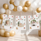 Three personalized Christmas photo cards clipped to a string with wooden clothespins, set against a festive background of gold and white balloons.