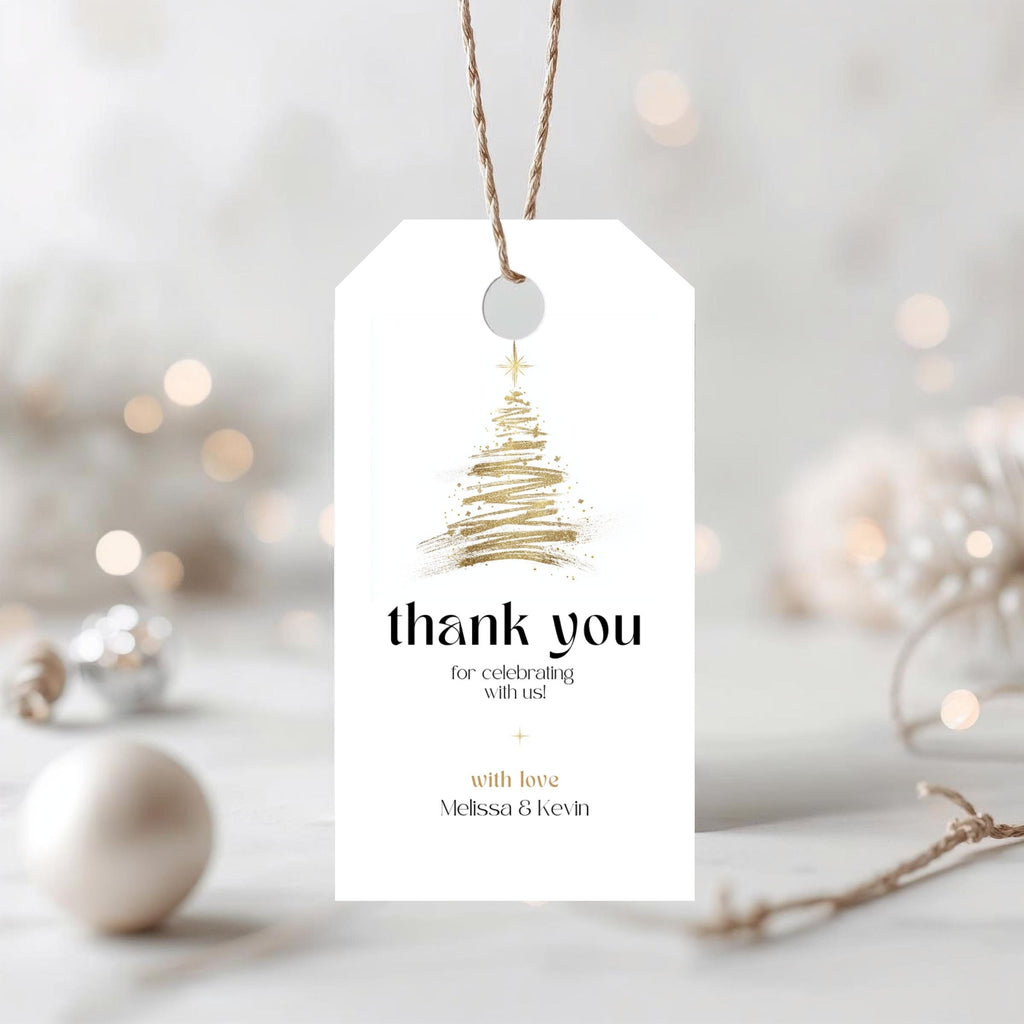 Golden Christmas gift tag template preview, editable in Canva